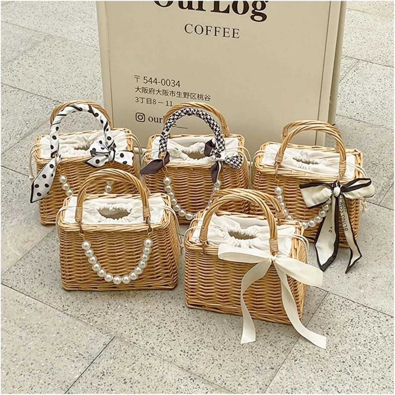Wicker Tote Bag Woven Rattan Basket Wedding Flower Girl Basket Bohemian Beach Bag Straw Tote Bag Summer Clutch Picnic Basket(Color:Pearl String and Letter Ribbon)