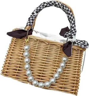 Wicker Tote Bag Woven Rattan Basket Wedding Flower Girl Basket Bohemian Beach Bag Straw Tote Bag Summer Clutch Picnic Basket(Color:Pearl String and Letter Ribbon)