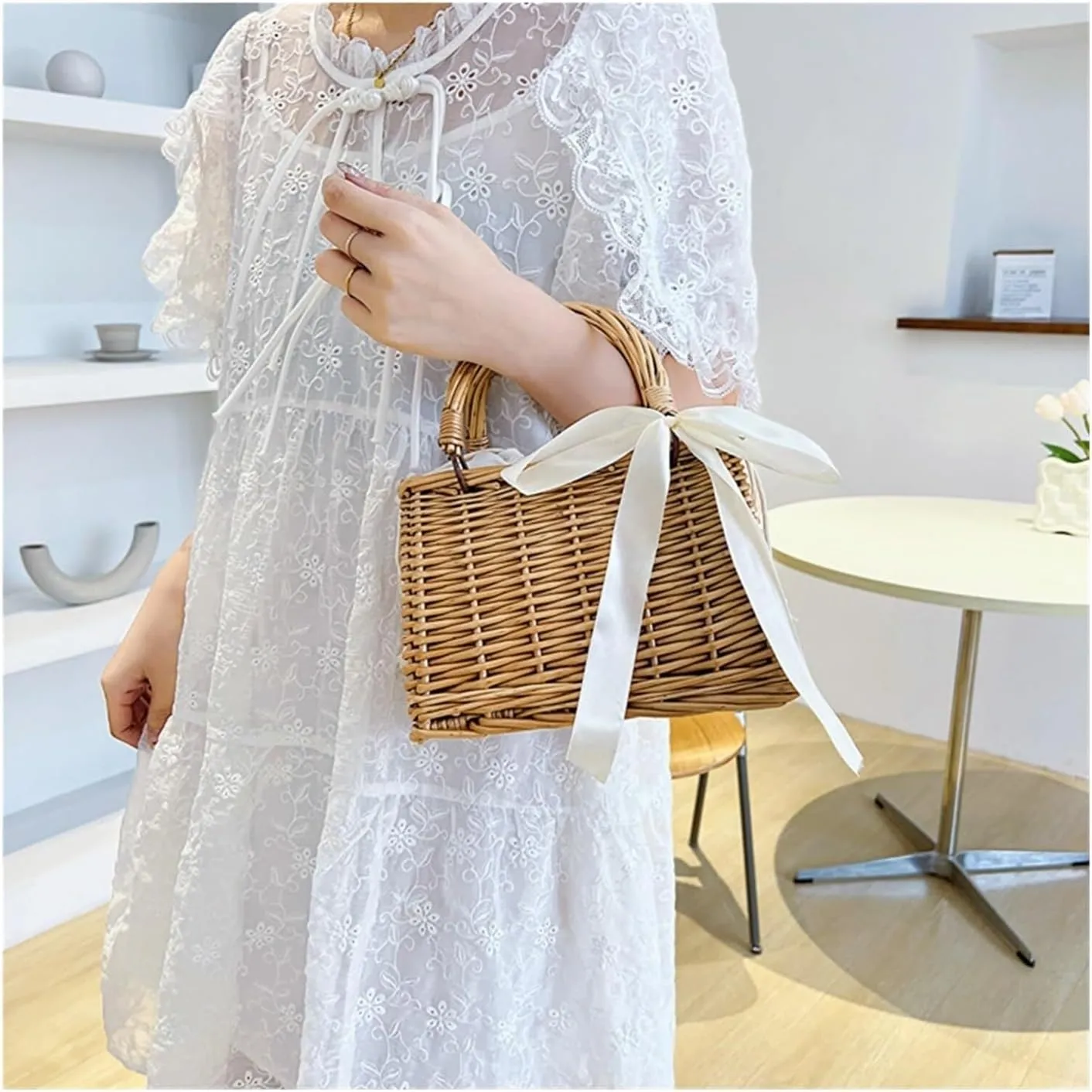 Wicker Tote Bag Woven Rattan Basket Wedding Flower Girl Basket Bohemian Beach Bag Straw Tote Bag Summer Clutch Picnic Basket(Color:Pearl String and Letter Ribbon)