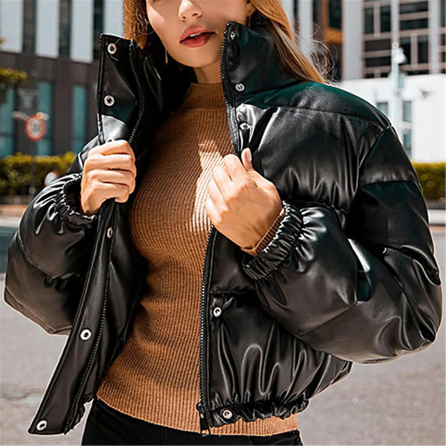 Winter Thick Warm PU Leather Coats Women Short Parkas Female Zipper Black Cotton Padded Down Jacket