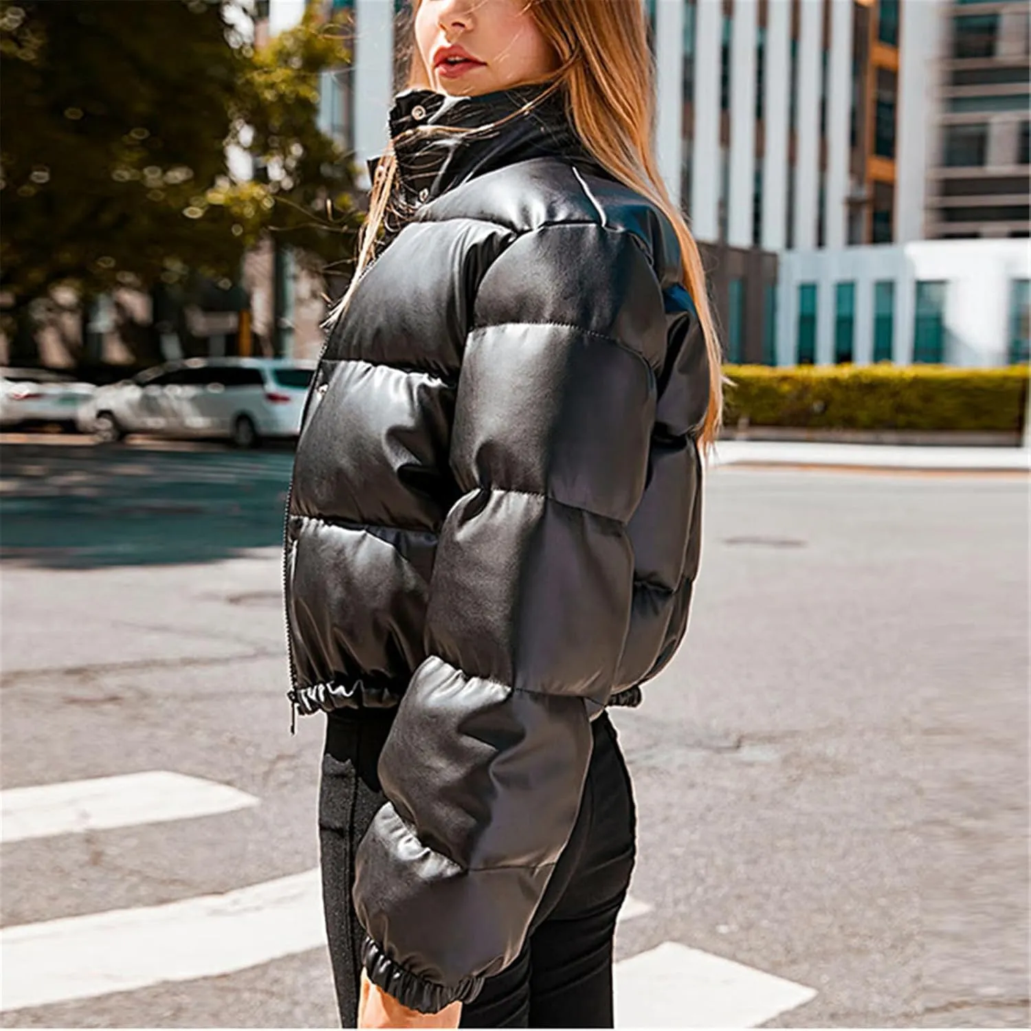 Winter Thick Warm PU Leather Coats Women Short Parkas Female Zipper Black Cotton Padded Down Jacket