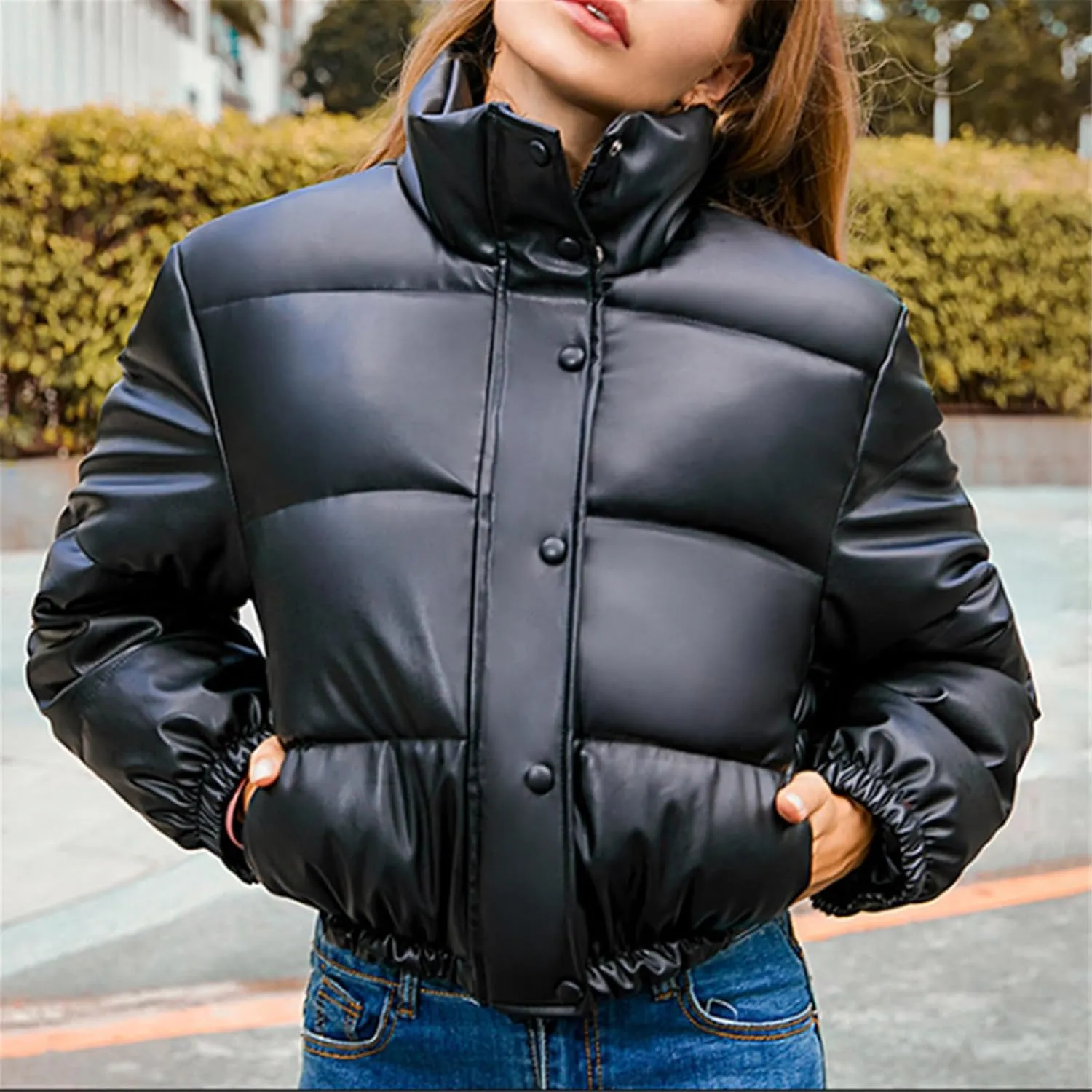 Winter Thick Warm PU Leather Coats Women Short Parkas Female Zipper Black Cotton Padded Down Jacket
