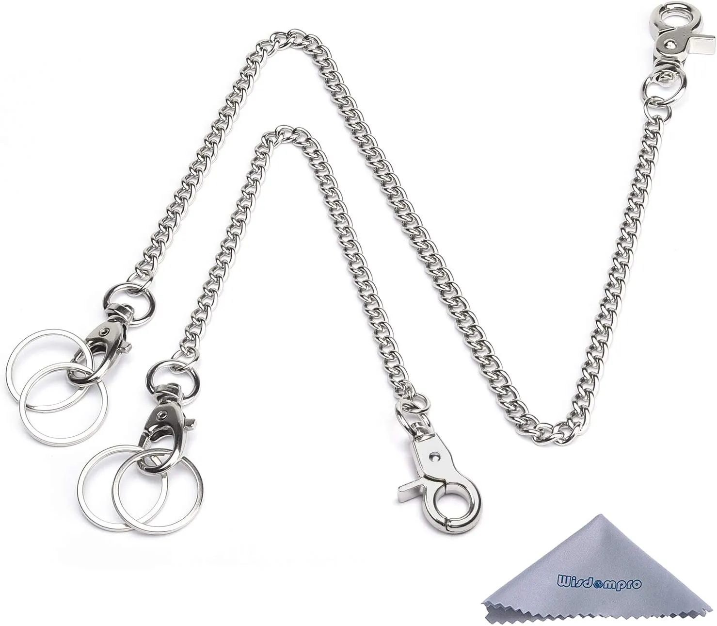 Wisdompro Wallet Chain, 2 Pack (8 and 16 Inch) Heavy Duty Pocket Keychain with Both Ends Lobster Clasps and Extra 2 Rings for Keys, Wallet, Jeans, Pants, Belt Loop, Purse and Handbag - Silver