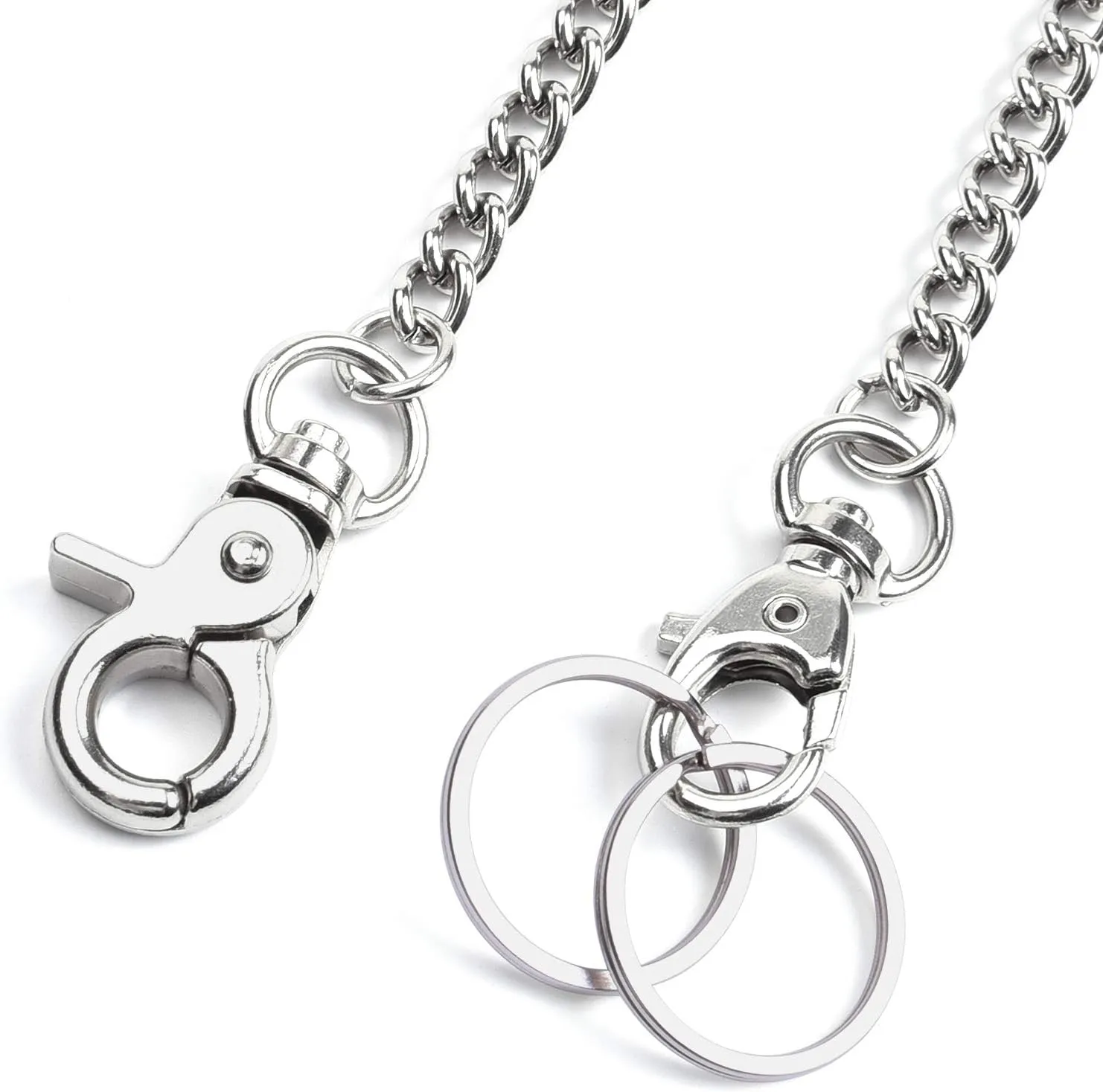 Wisdompro Wallet Chain, 2 Pack (8 and 16 Inch) Heavy Duty Pocket Keychain with Both Ends Lobster Clasps and Extra 2 Rings for Keys, Wallet, Jeans, Pants, Belt Loop, Purse and Handbag - Silver