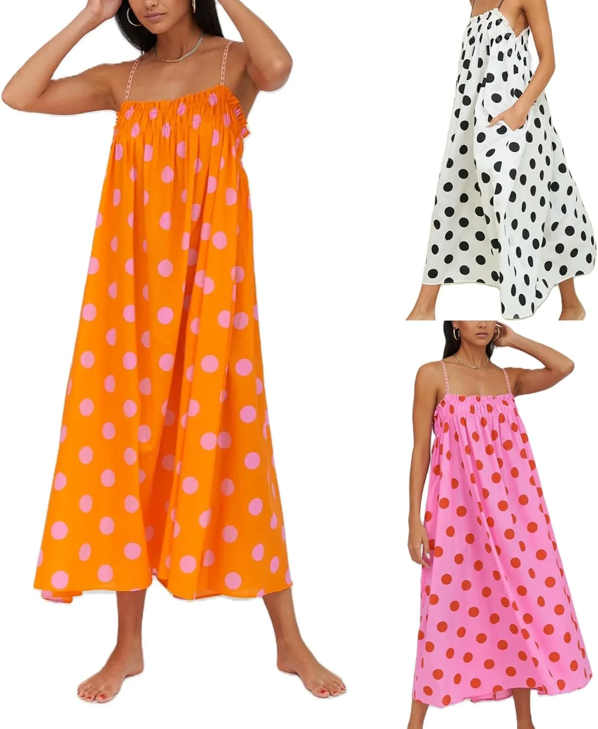 Women Boho Cami Long Dress Polka Dot Spaghetti Strap Flowy Maxi Dress 2025 Summer Beach Vacation Sundress