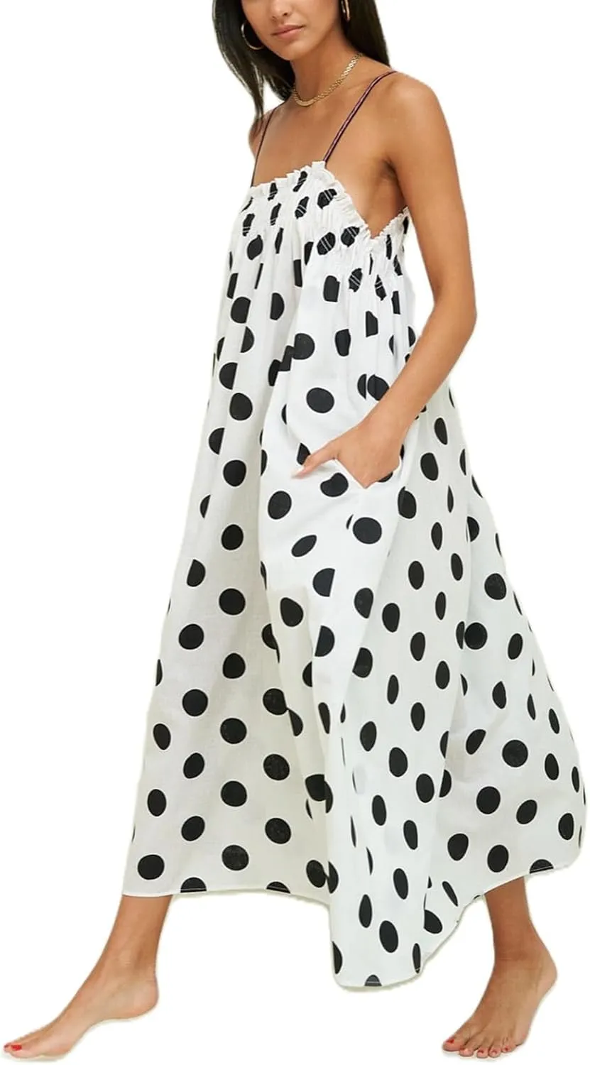 Women Boho Cami Long Dress Polka Dot Spaghetti Strap Flowy Maxi Dress 2025 Summer Beach Vacation Sundress
