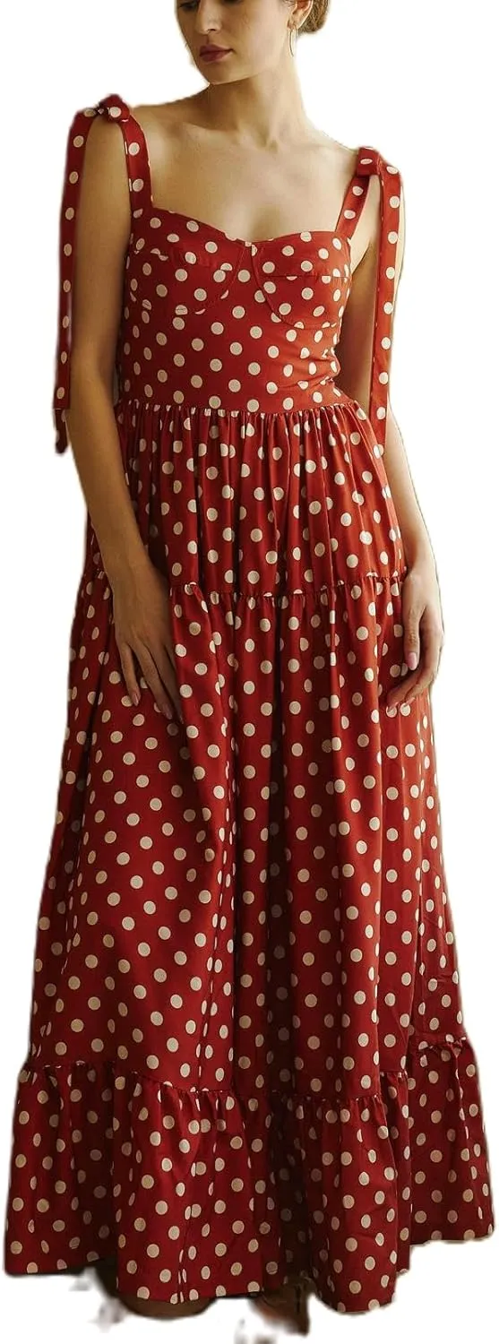 Women Boho Cami Long Dress Polka Dot Spaghetti Strap Flowy Maxi Dress 2025 Summer Beach Vacation Sundress