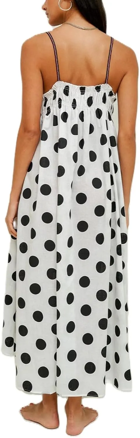 Women Boho Cami Long Dress Polka Dot Spaghetti Strap Flowy Maxi Dress 2025 Summer Beach Vacation Sundress
