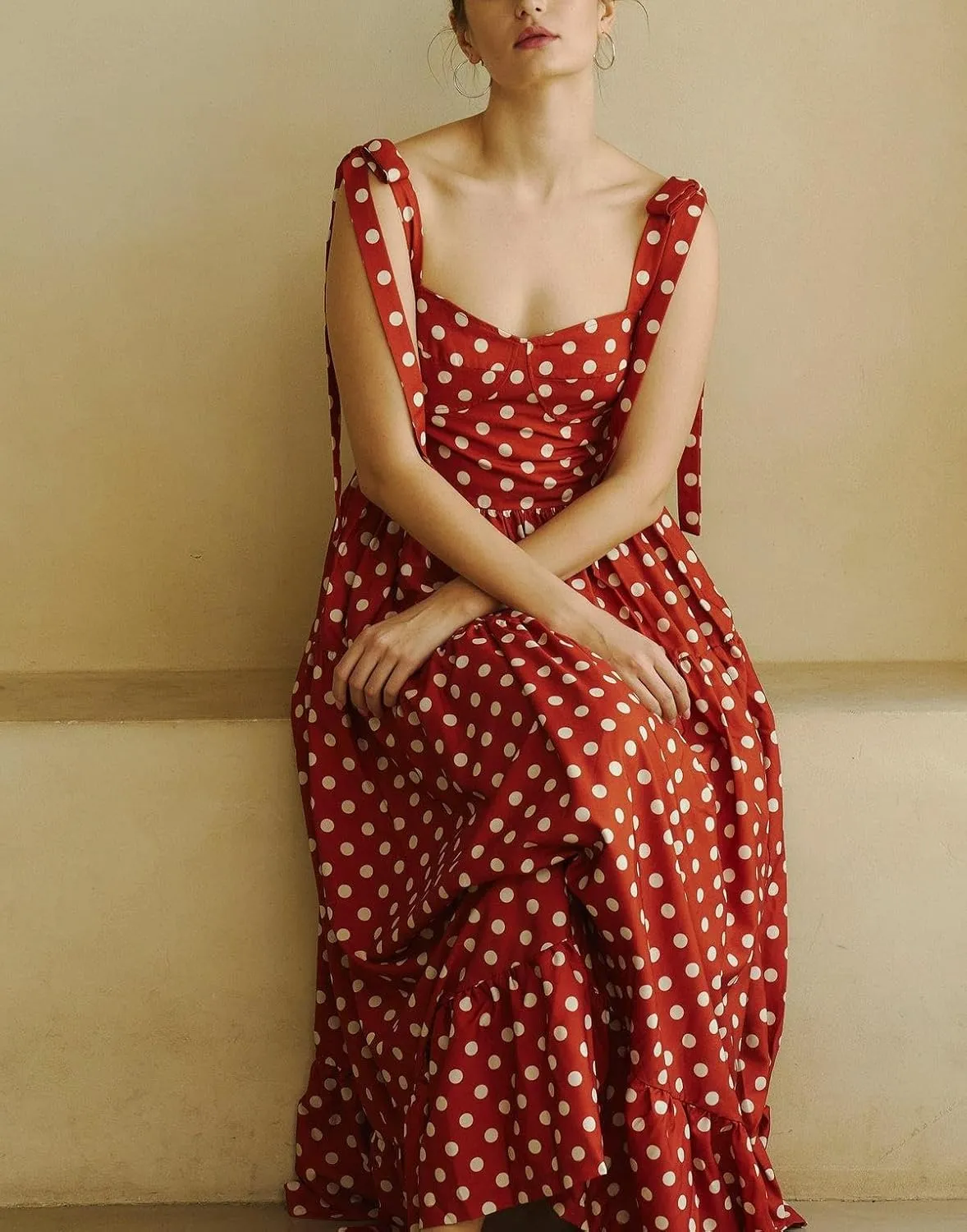Women Boho Cami Long Dress Polka Dot Spaghetti Strap Flowy Maxi Dress 2025 Summer Beach Vacation Sundress