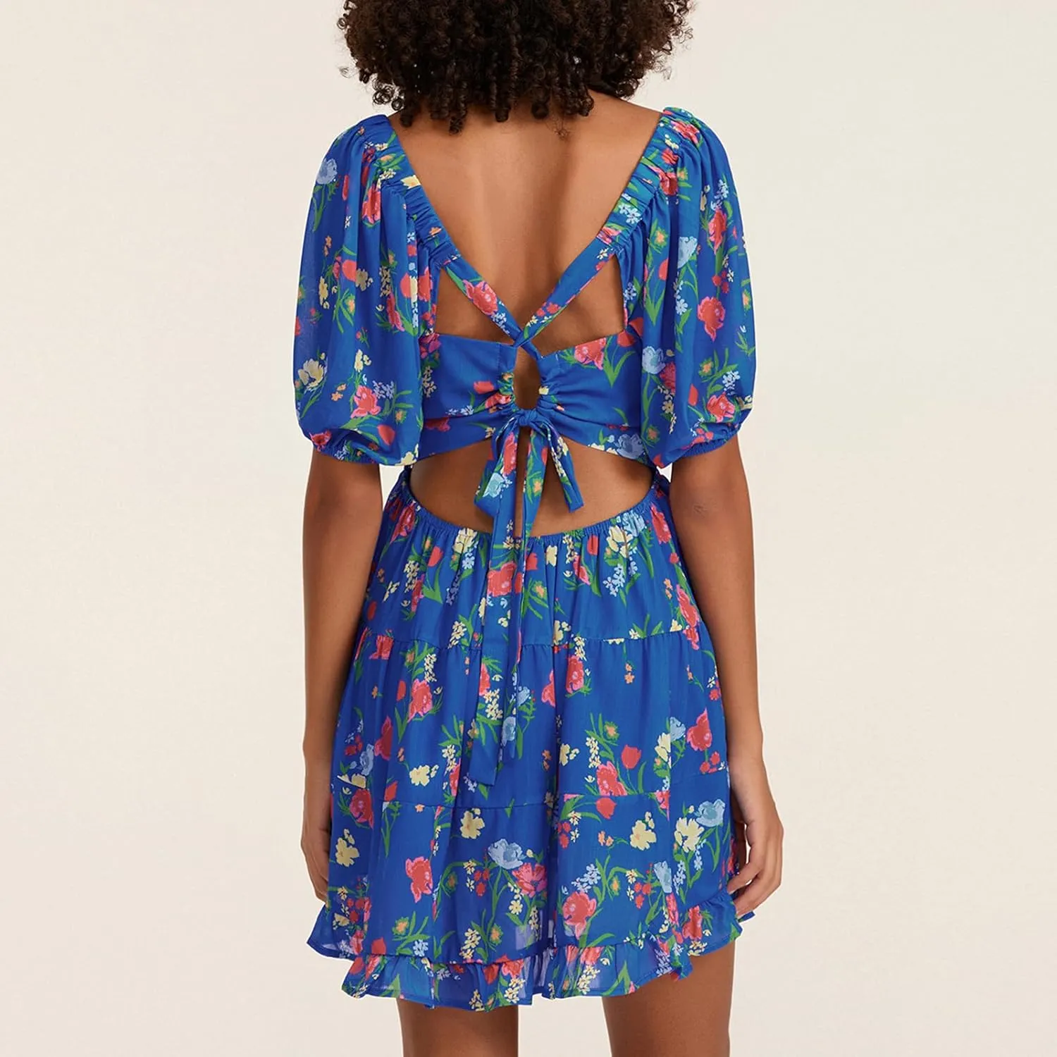 Women Boho Floral Print Mini Dress Puff Short Sleeve Deep V Neck Tie Front Sundresss Summer Tiered Beach Dresses