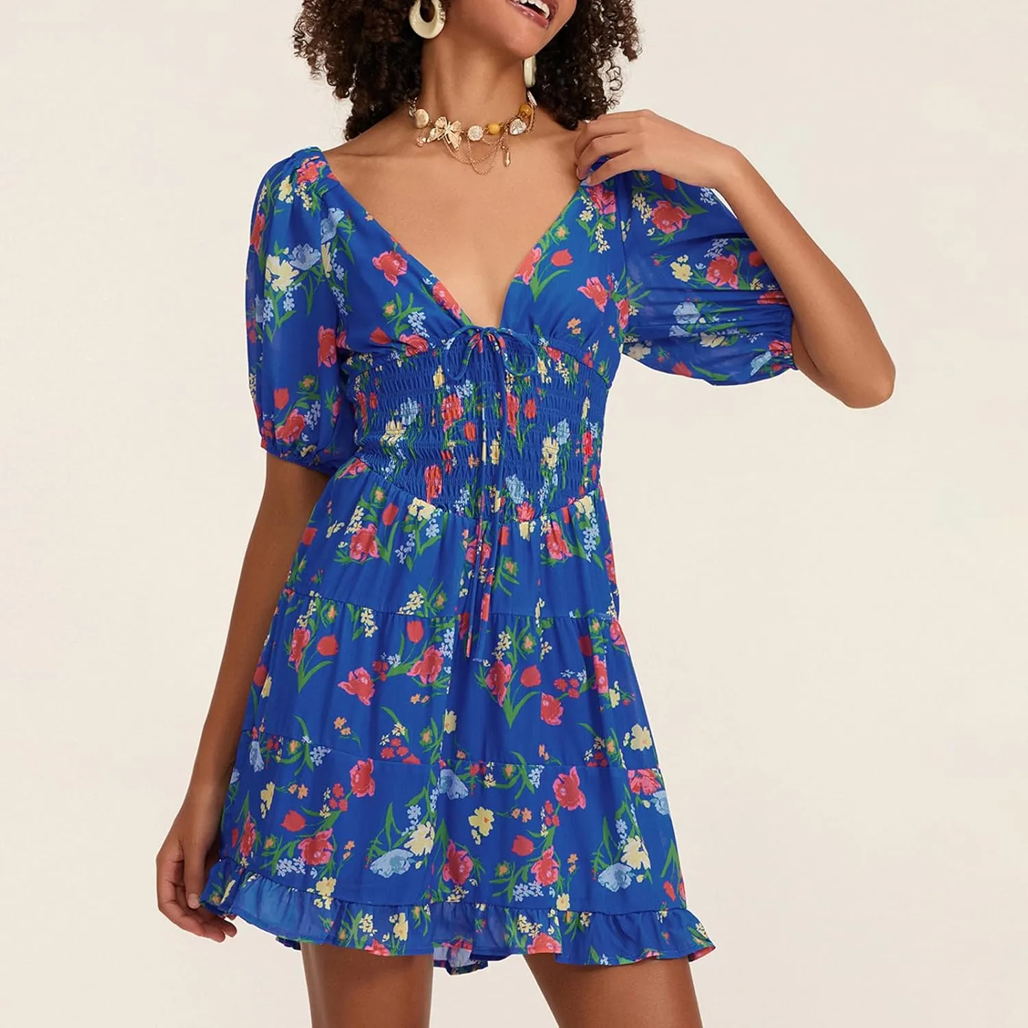 Women Boho Floral Print Mini Dress Puff Short Sleeve Deep V Neck Tie Front Sundresss Summer Tiered Beach Dresses