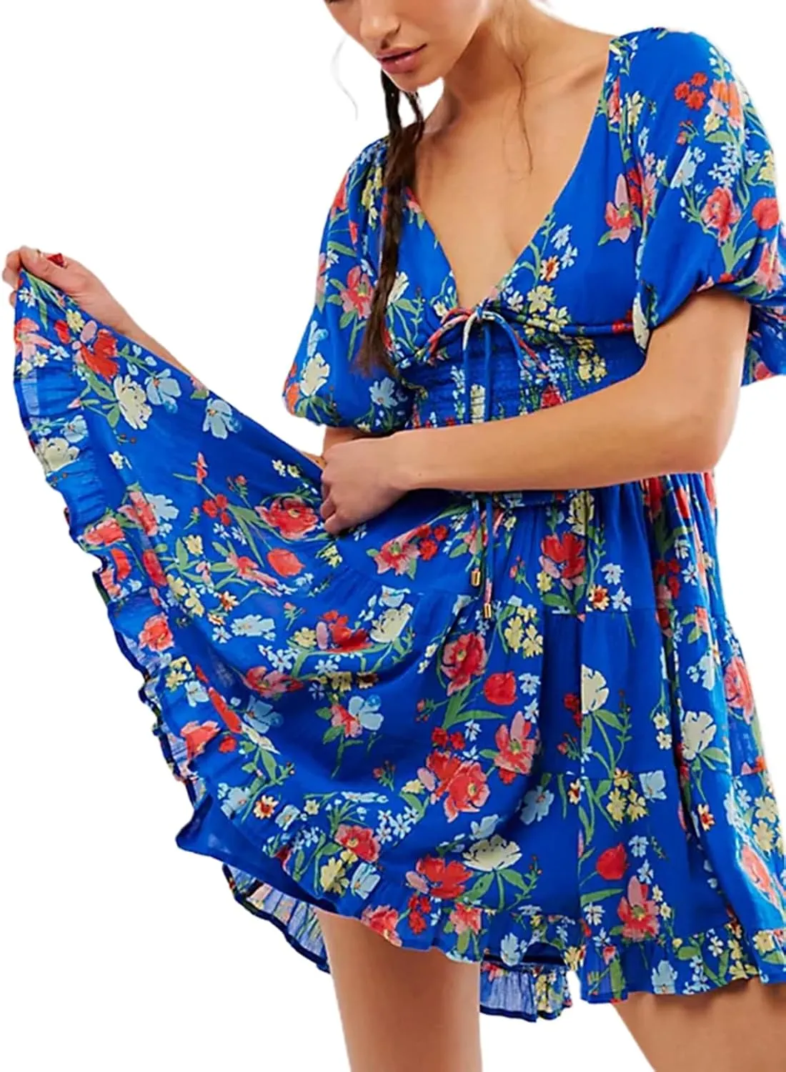 Women Boho Floral Print Mini Dress Puff Short Sleeve Deep V Neck Tie Front Sundresss Summer Tiered Beach Dresses