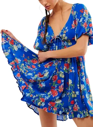 Women Boho Floral Print Mini Dress Puff Short Sleeve Deep V Neck Tie Front Sundresss Summer Tiered Beach Dresses