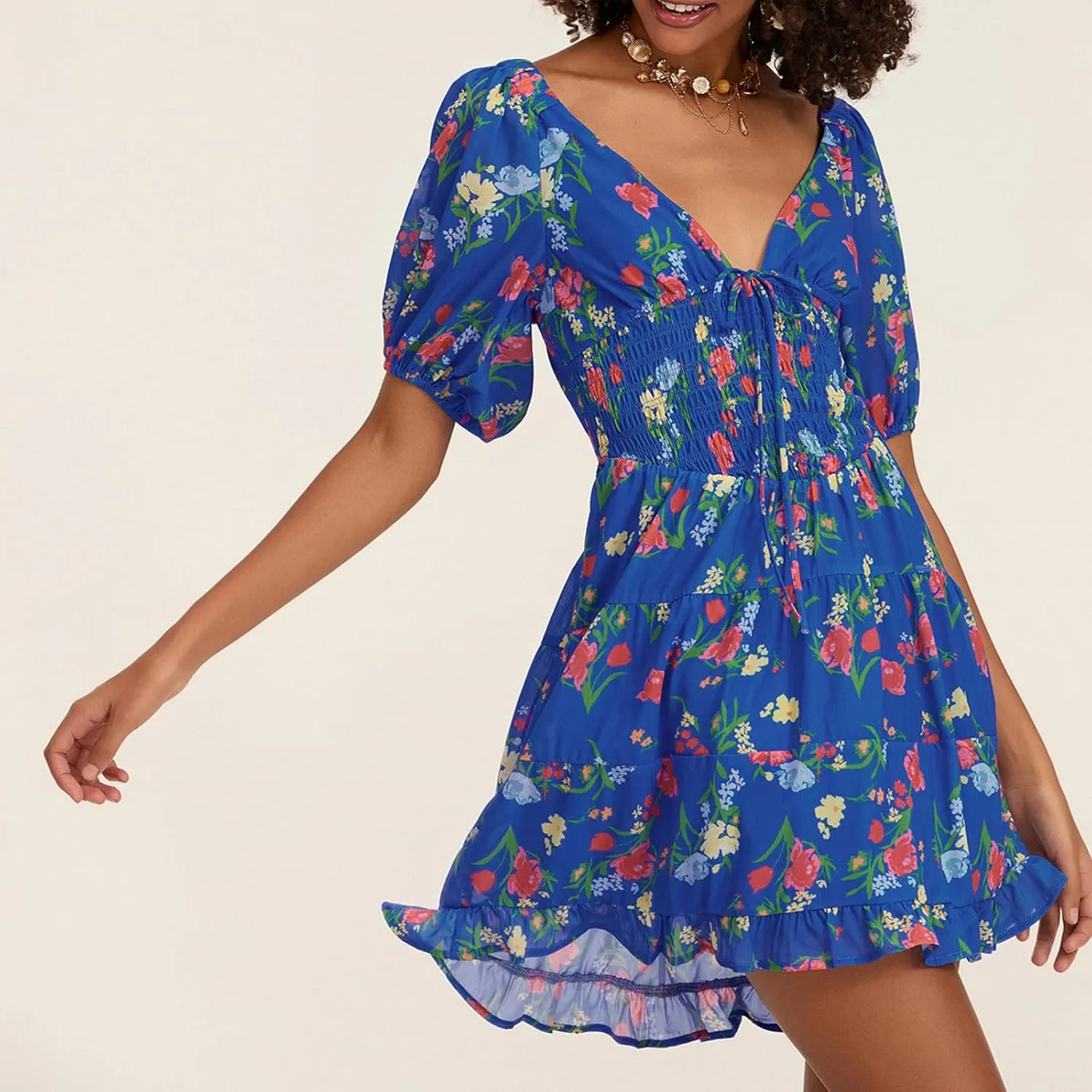 Women Boho Floral Print Mini Dress Puff Short Sleeve Deep V Neck Tie Front Sundresss Summer Tiered Beach Dresses