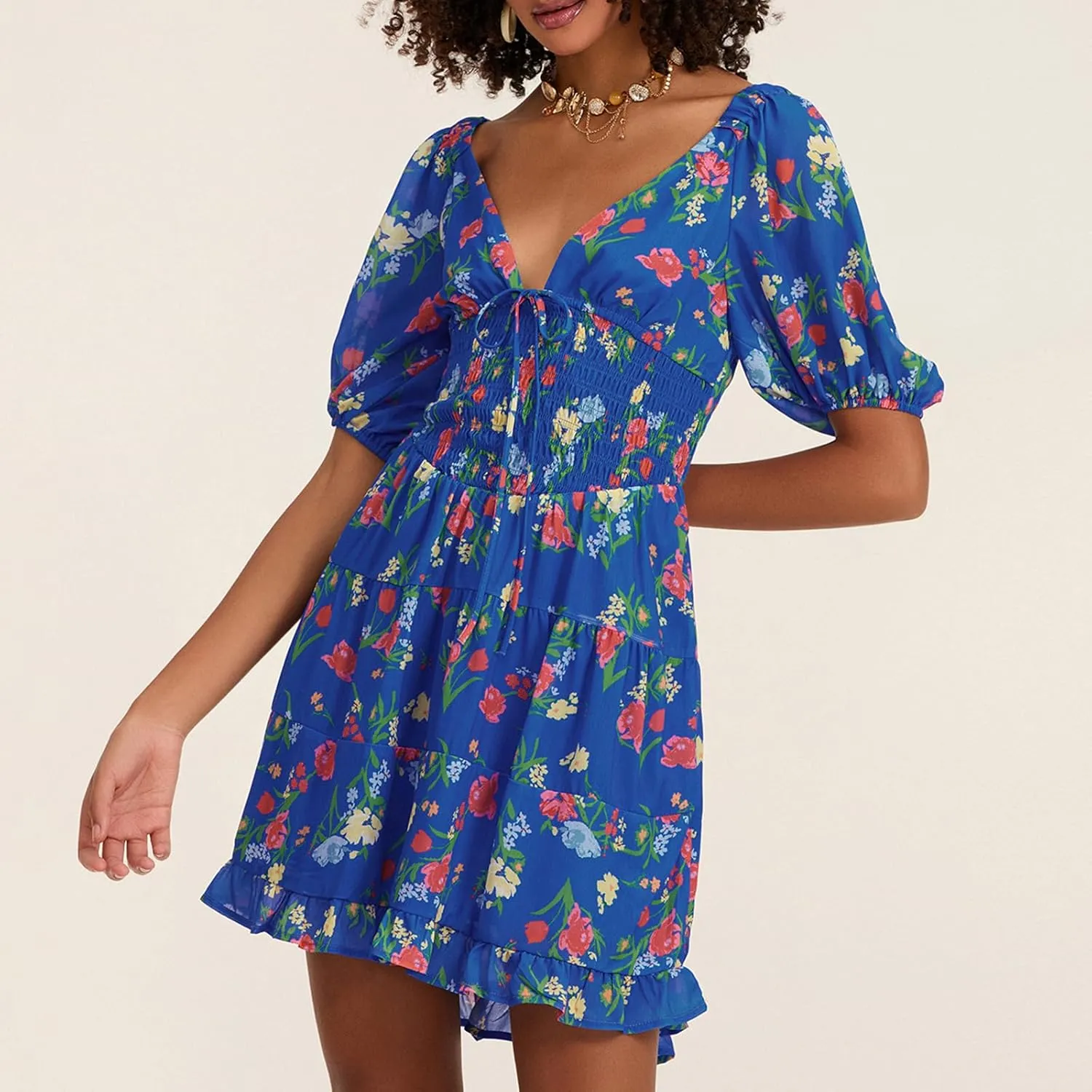 Women Boho Floral Print Mini Dress Puff Short Sleeve Deep V Neck Tie Front Sundresss Summer Tiered Beach Dresses