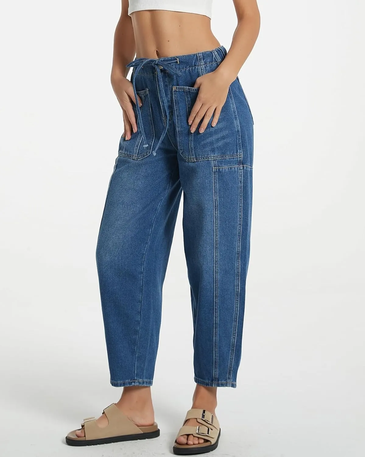 Women Casual Loose Cropped Pants Denim Bloomers Elastic Waist with Pockets