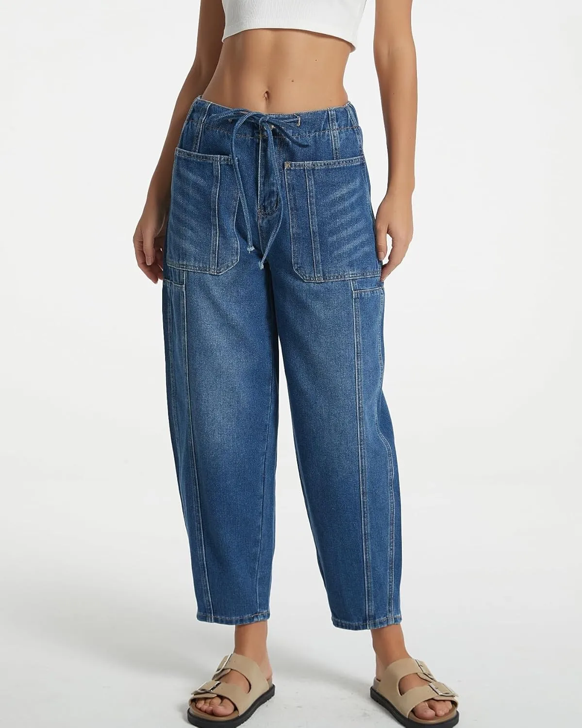 Women Casual Loose Cropped Pants Denim Bloomers Elastic Waist with Pockets