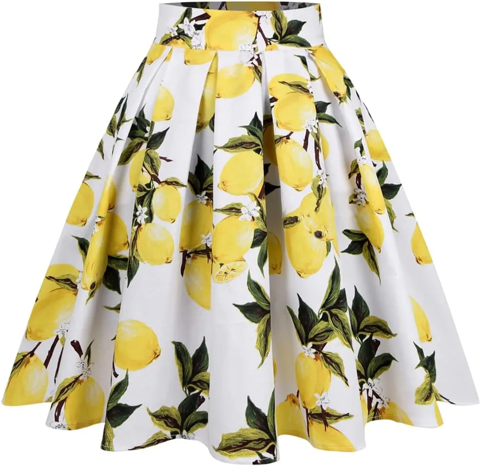 Women Gothic Floral Printed Pleated Skirt Summer High Waist Korean Harajuku Japanese Pinup Retro Vintage Midi Skirts White Lemon N L