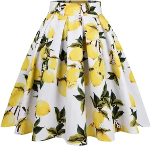 Women Gothic Floral Printed Pleated Skirt Summer High Waist Korean Harajuku Japanese Pinup Retro Vintage Midi Skirts White Lemon N L