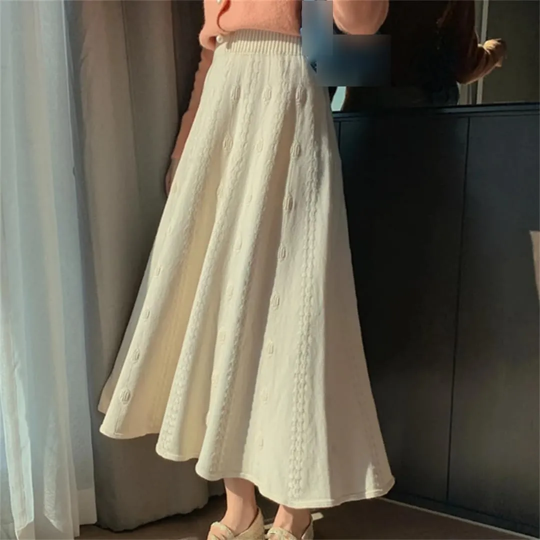 Women Knitted A Line Skirts Women High Waist Sweater Skirts Elegant Pleated Maxi Midi Skirt