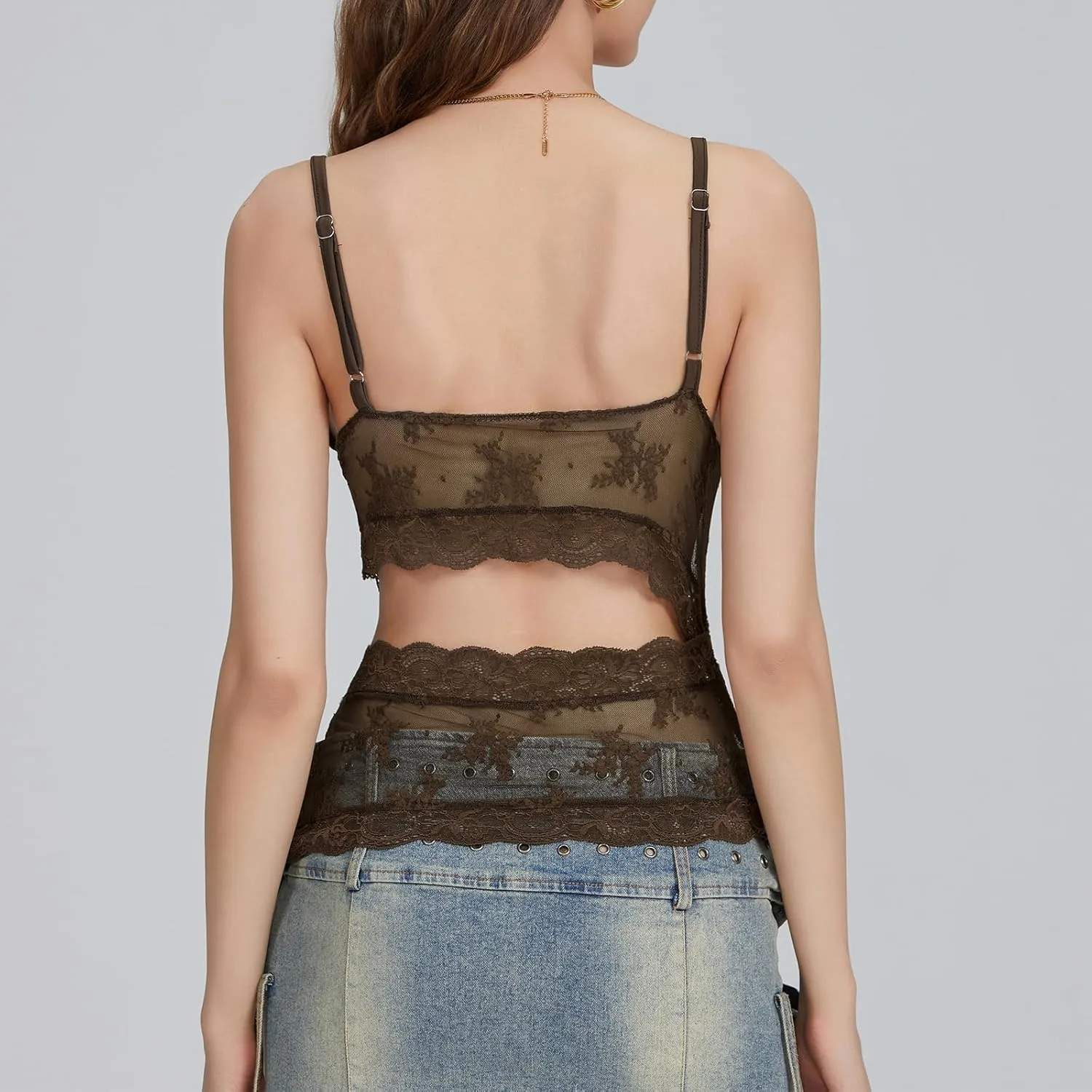 Women Lace Cami Tank Top Floral Mesh Spaghetti Strap Vest Sexy Backless Sleeveless Crop Tops Y2k Going Out Outfits