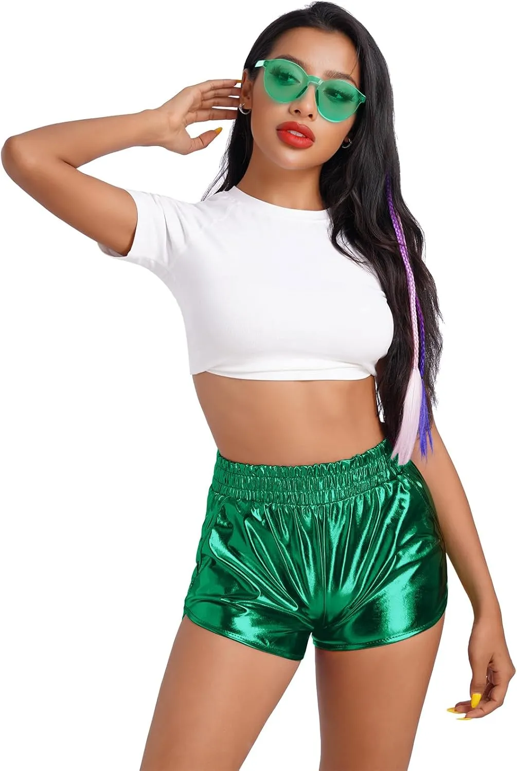 Women Metallic Shiny Shorts Sparkly Hot Dance Bottoms Short Pants Rave Music Festival Outfits with Sunglasses