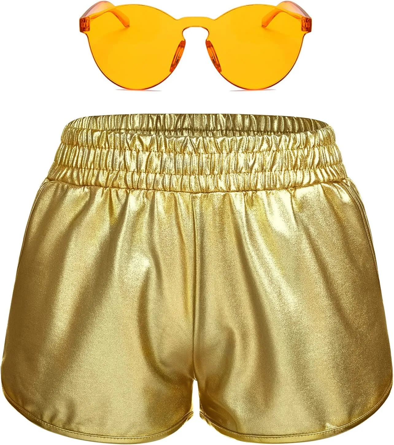 Women Metallic Shiny Shorts Sparkly Hot Dance Bottoms Short Pants Rave Music Festival Outfits with Sunglasses