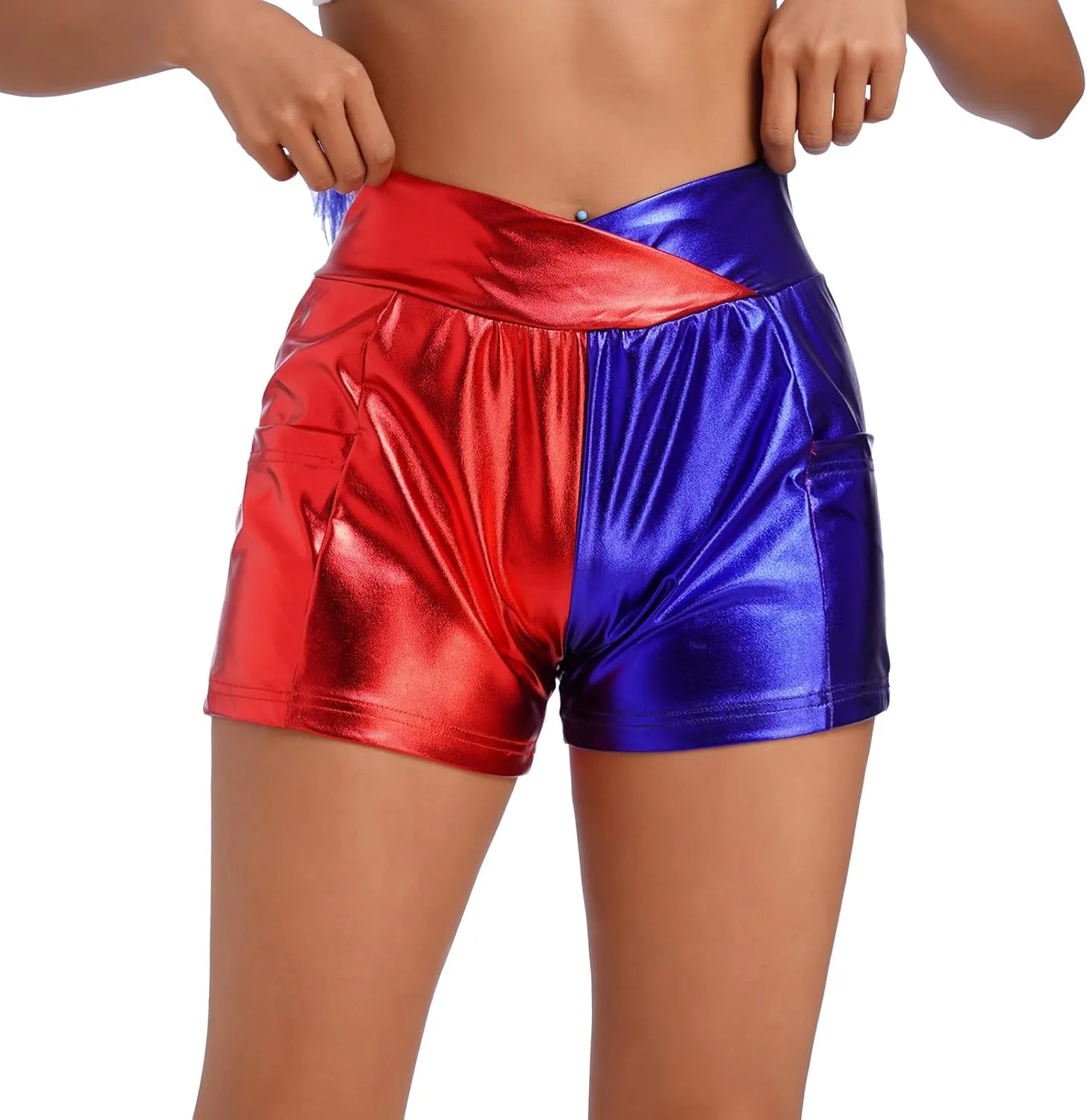 Women Metallic Shiny Shorts Sparkly Hot Dance Bottoms Short Pants Rave Music Festival Outfits with Sunglasses