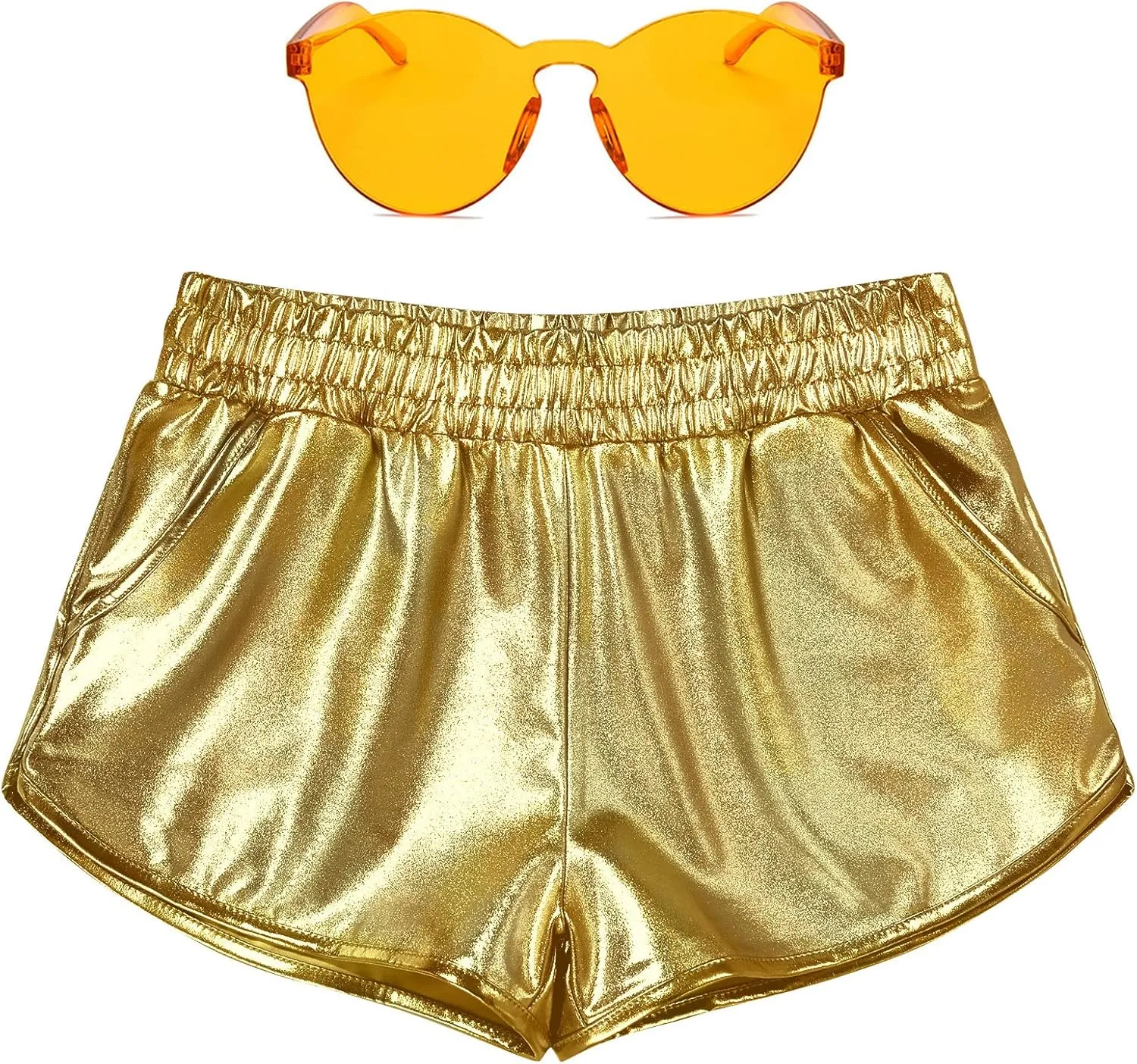Women Metallic Shiny Shorts Sparkly Hot Dance Bottoms Short Pants Rave Music Festival Outfits with Sunglasses