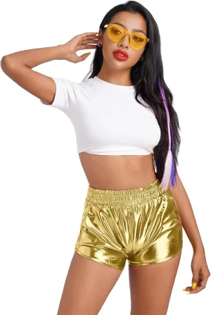 Women Metallic Shiny Shorts Sparkly Hot Dance Bottoms Short Pants Rave Music Festival Outfits with Sunglasses