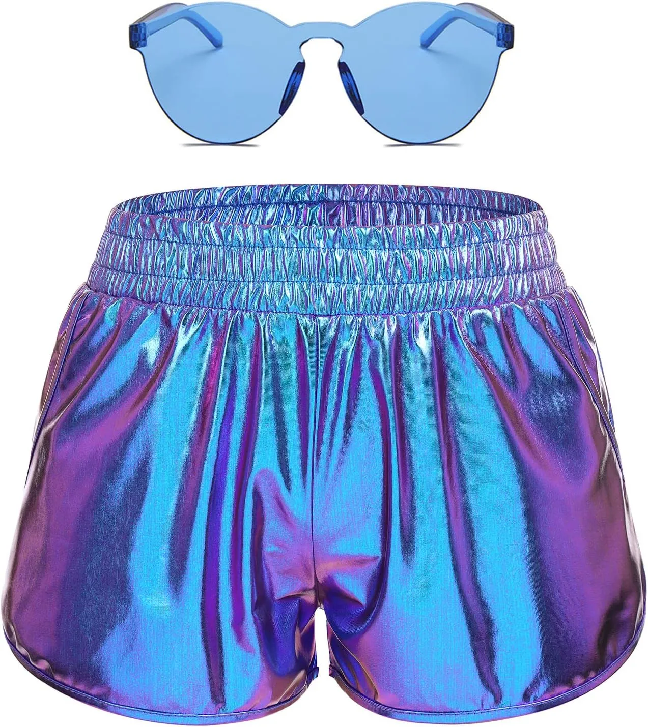 Women Metallic Shiny Shorts Sparkly Hot Dance Bottoms Short Pants Rave Music Festival Outfits with Sunglasses