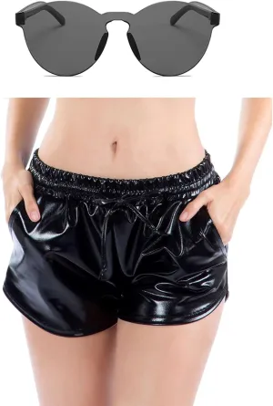 Women Metallic Shiny Shorts Sparkly Hot Dance Bottoms Short Pants Rave Music Festival Outfits with Sunglasses