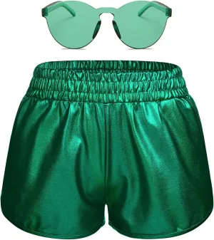 Women Metallic Shiny Shorts Sparkly Hot Dance Bottoms Short Pants Rave Music Festival Outfits with Sunglasses