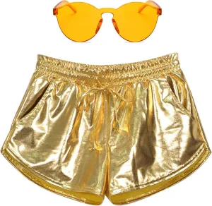 Women Metallic Shiny Shorts Sparkly Hot Dance Bottoms Short Pants Rave Music Festival Outfits with Sunglasses