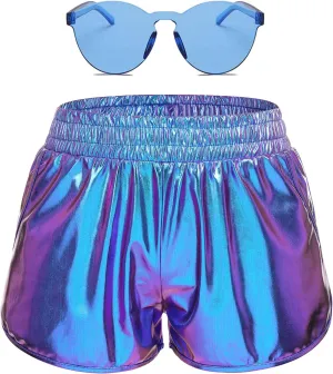 Women Metallic Shiny Shorts Sparkly Hot Dance Bottoms Short Pants Rave Music Festival Outfits with Sunglasses