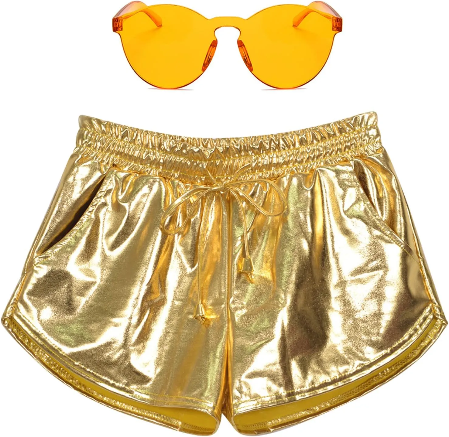 Women Metallic Shiny Shorts Sparkly Hot Dance Bottoms Short Pants Rave Music Festival Outfits with Sunglasses