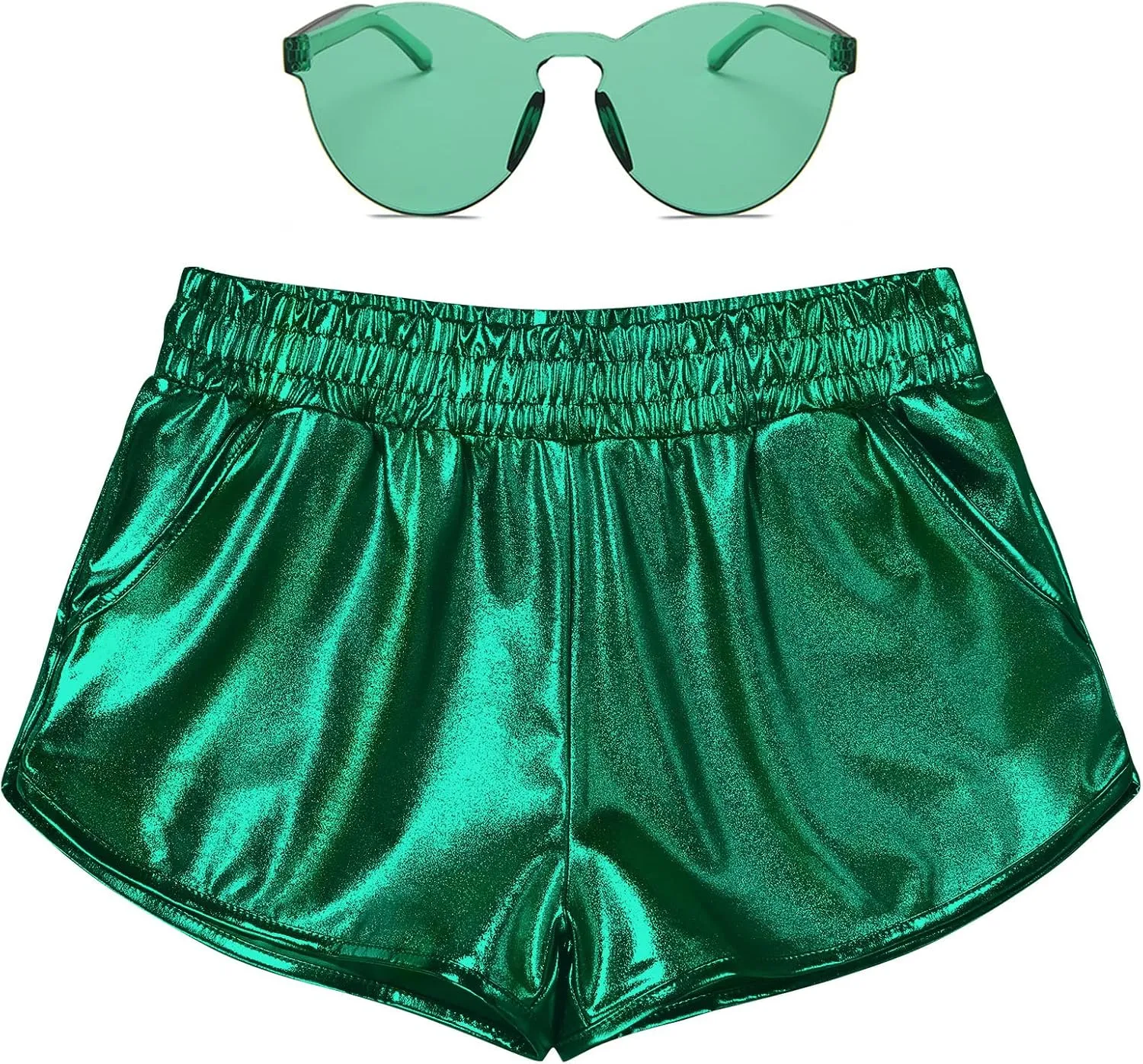 Women Metallic Shiny Shorts Sparkly Hot Dance Bottoms Short Pants Rave Music Festival Outfits with Sunglasses
