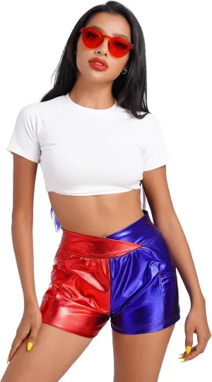 Women Metallic Shiny Shorts Sparkly Hot Dance Bottoms Short Pants Rave Music Festival Outfits with Sunglasses