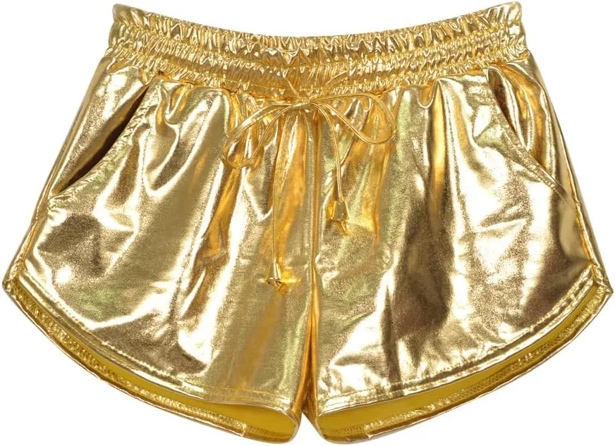 Women Metallic Shiny Shorts Sparkly Hot Dance Bottoms Short Pants Rave Music Festival Outfits with Sunglasses