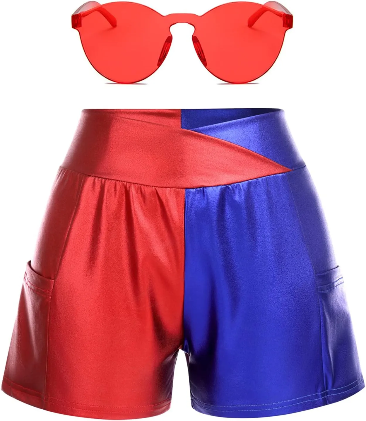 Women Metallic Shiny Shorts Sparkly Hot Dance Bottoms Short Pants Rave Music Festival Outfits with Sunglasses