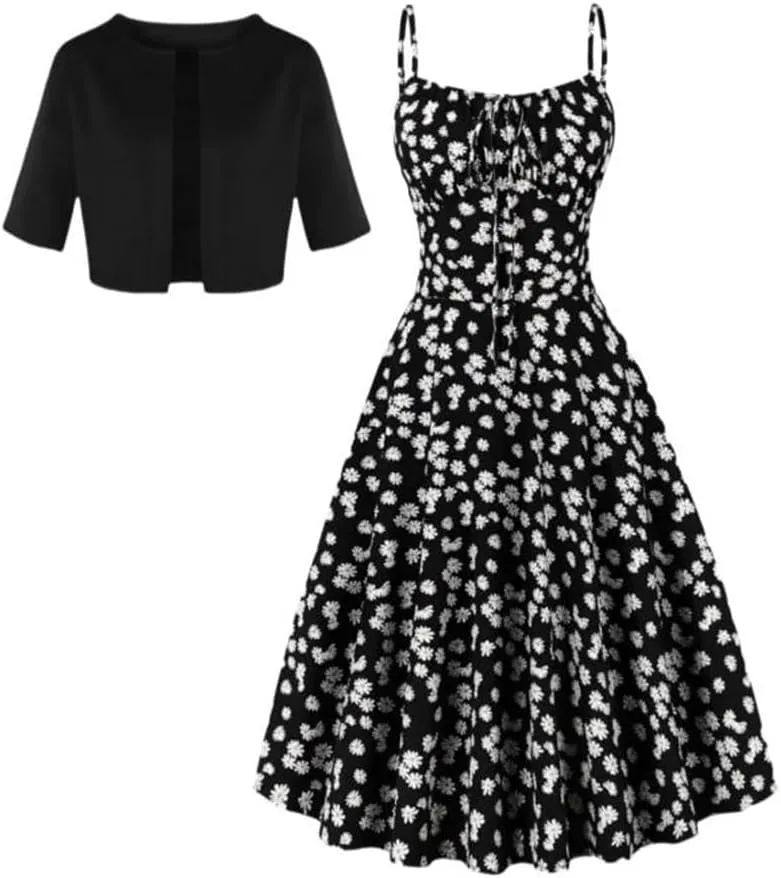 Women Mid Sleeved Mini Suit and Print Floral Print Camisole Dress Two Piece Set