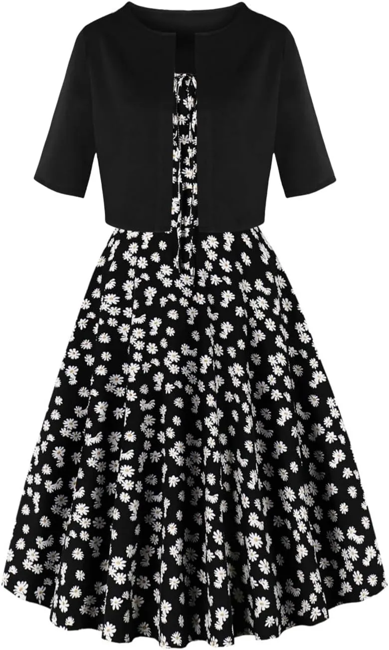 Women Mid Sleeved Mini Suit and Print Floral Print Camisole Dress Two Piece Set