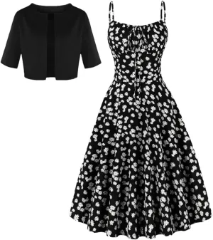Women Mid Sleeved Mini Suit and Print Floral Print Camisole Dress Two Piece Set