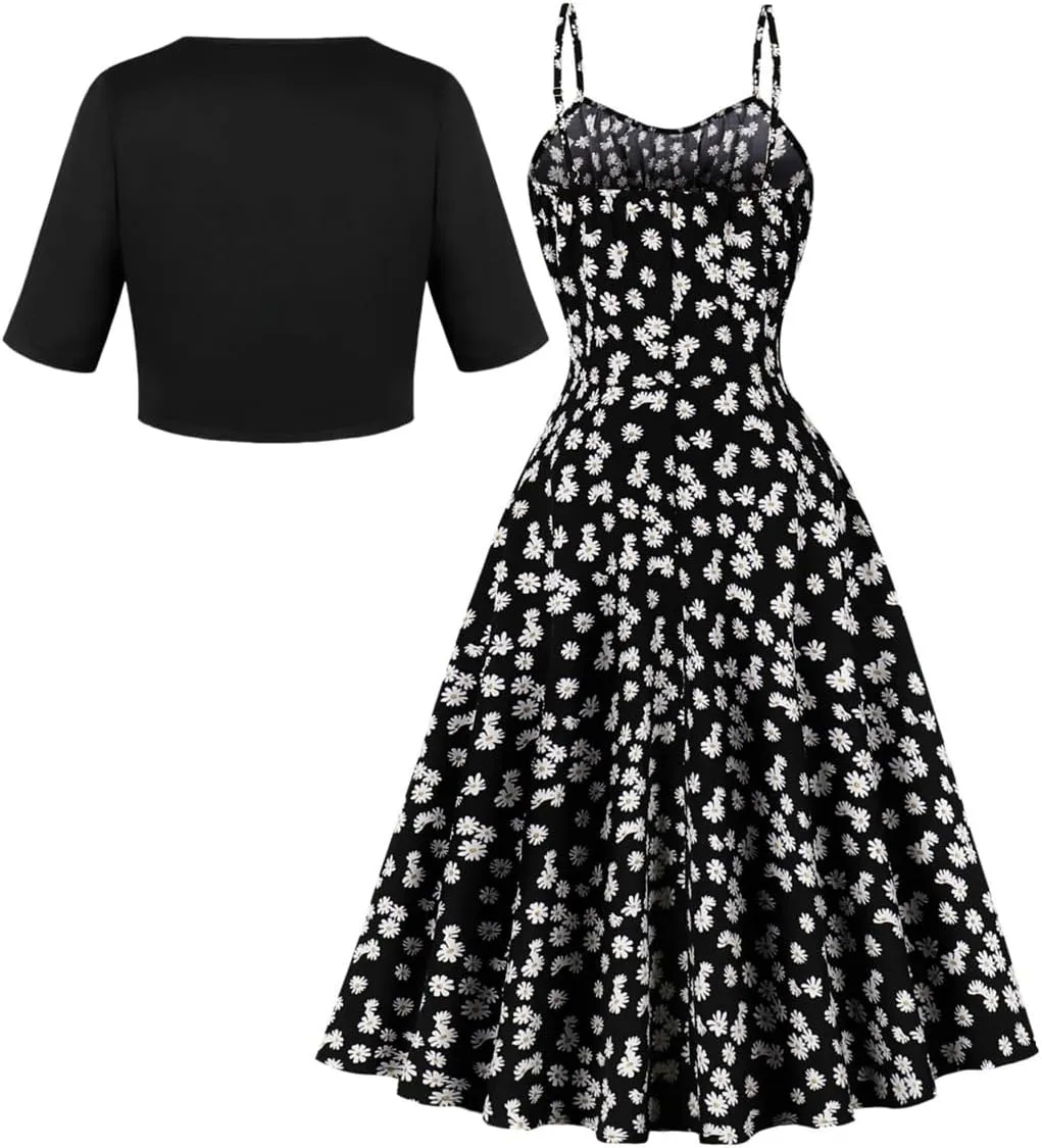 Women Mid Sleeved Mini Suit and Print Floral Print Camisole Dress Two Piece Set