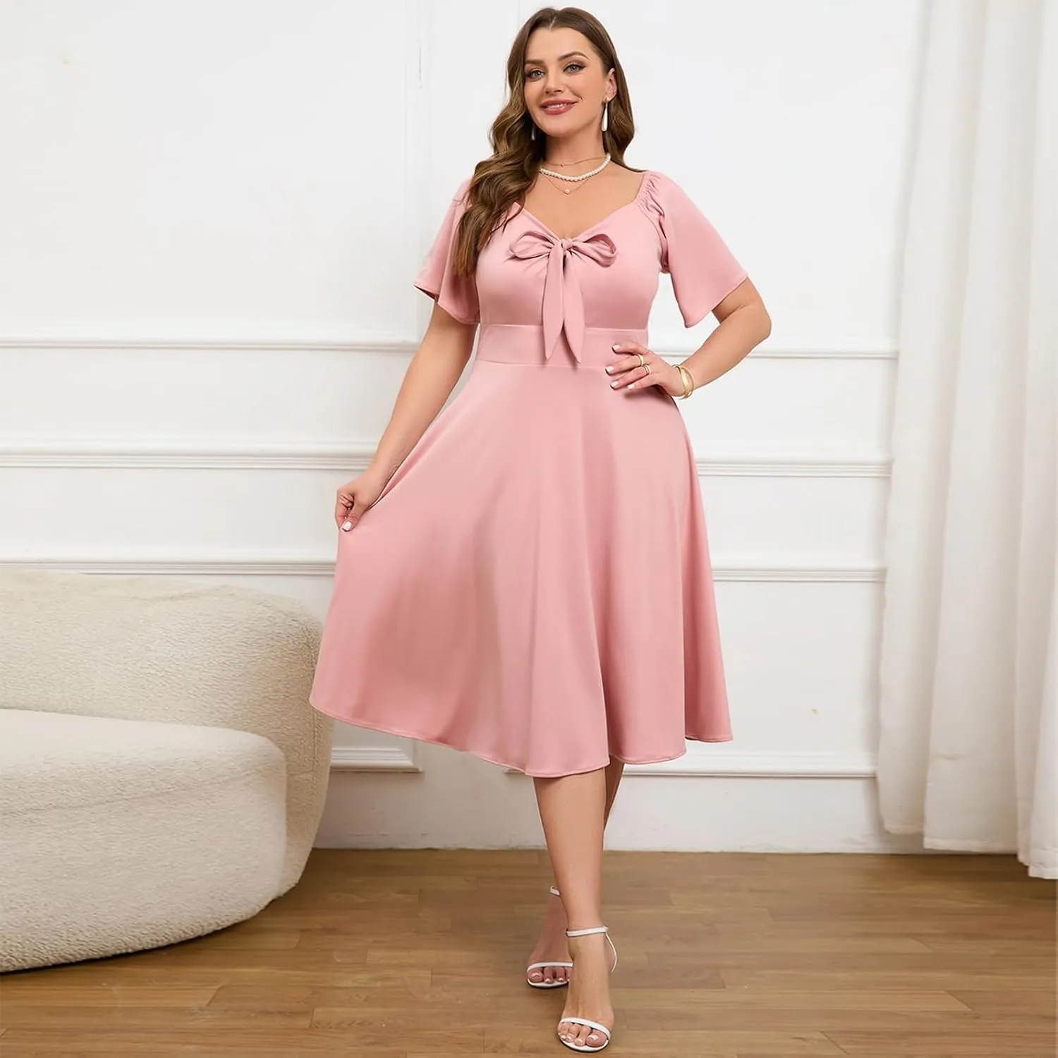 Women Plus Size Cocktail Dresses Tie Front Adjustable Strap, Satin Midi Prom Party Wedding Guest Formal Dress