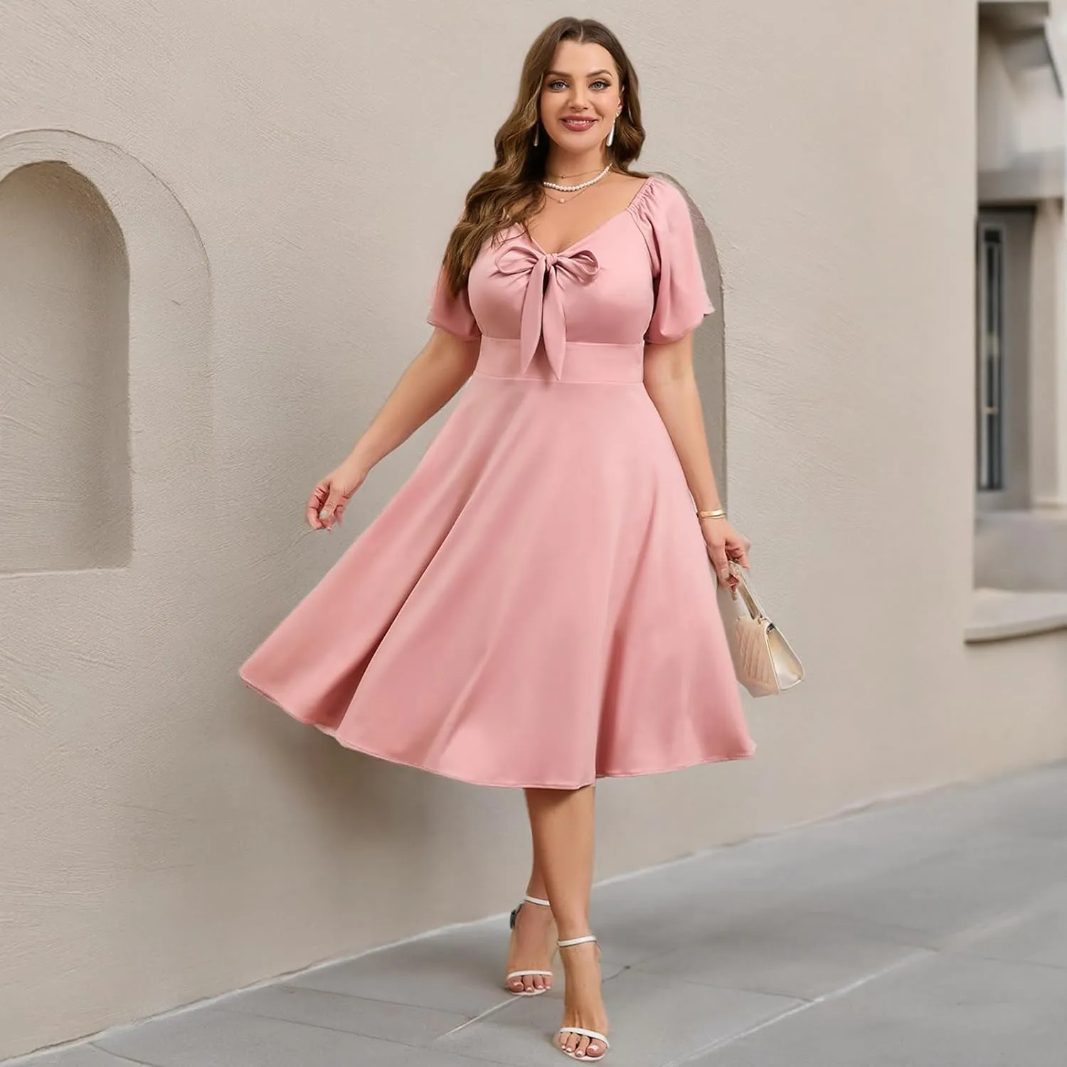 Women Plus Size Cocktail Dresses Tie Front Adjustable Strap, Satin Midi Prom Party Wedding Guest Formal Dress