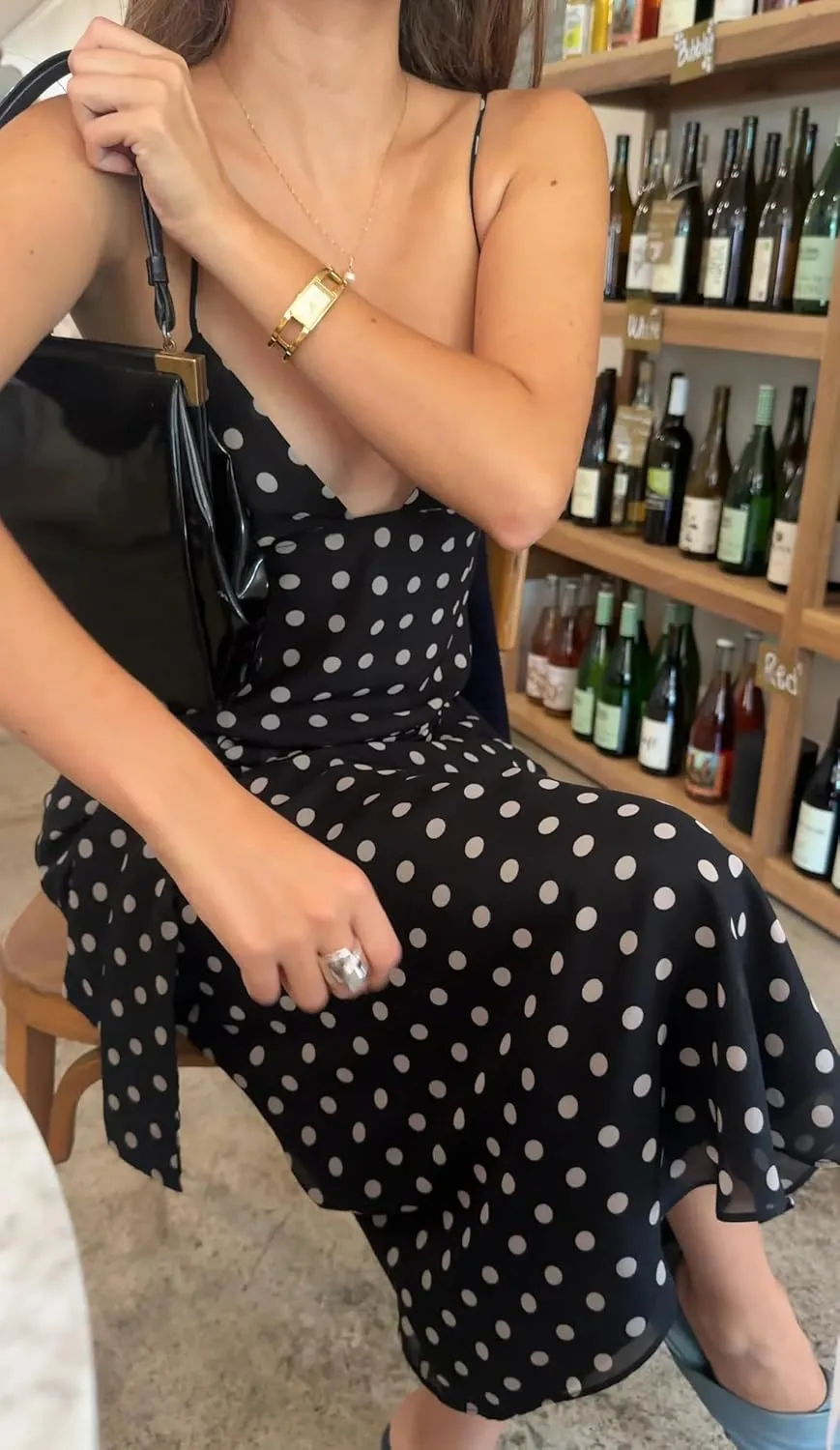 Women Polka Dot Summer Sundress Y2k V Neck Tie Back Spaghetti Strap Maxi Dress 2025 Slim Fit A Line Beachwear