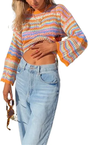 Women' s Y2K Crochet Crop Top See Through Hollow Out Sweater Pullover Long Sleeve Knit Color Block Casual Streetwear