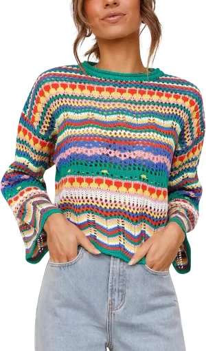Women' s Y2K Crochet Crop Top See Through Hollow Out Sweater Pullover Long Sleeve Knit Color Block Casual Streetwear