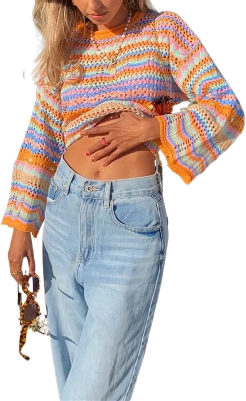 Women' s Y2K Crochet Crop Top See Through Hollow Out Sweater Pullover Long Sleeve Knit Color Block Casual Streetwear